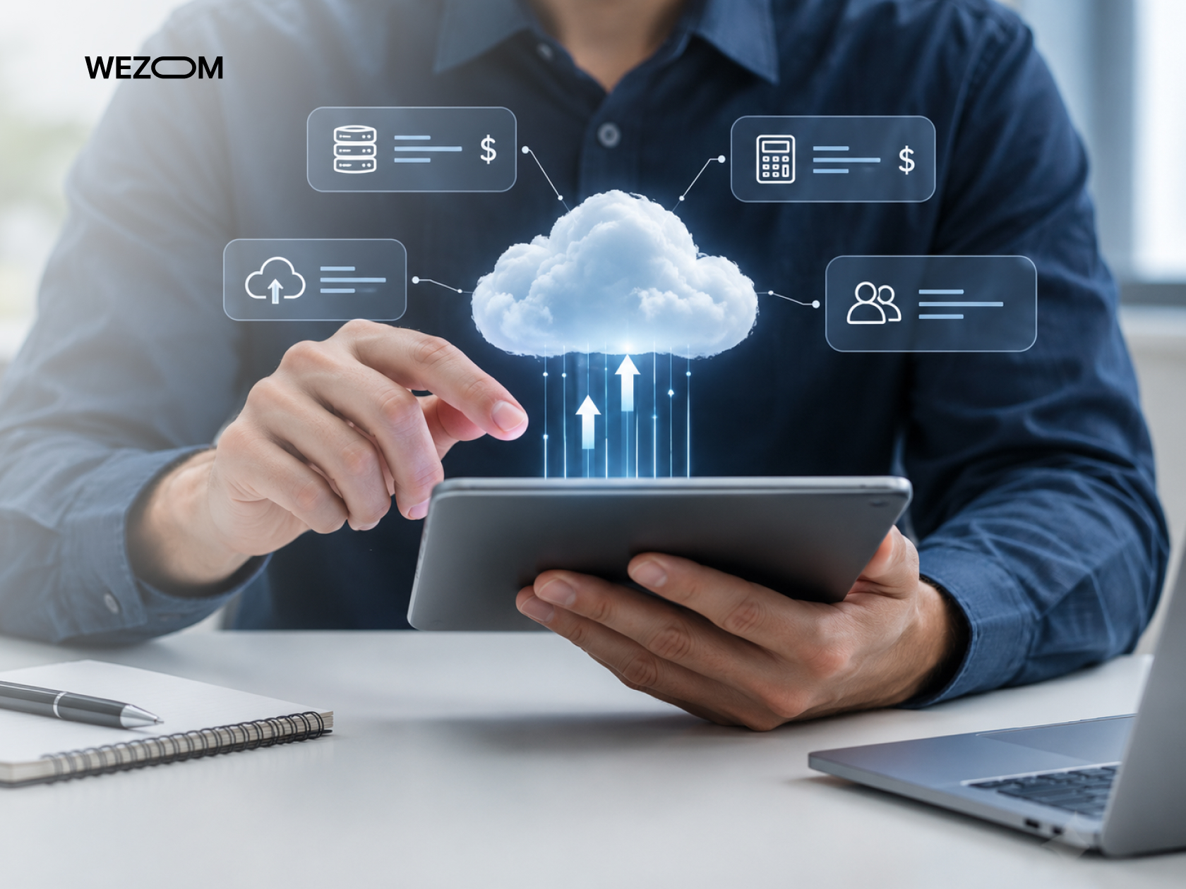 Business professional using a tablet to manage cloud services, illustrating an application migration strategy